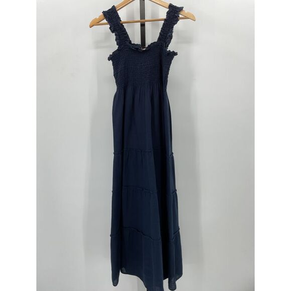 Quince Womens 100% European Linen Smocked Midi Dress Deep Navy Basic Sleeved M - Picture 2 of 3